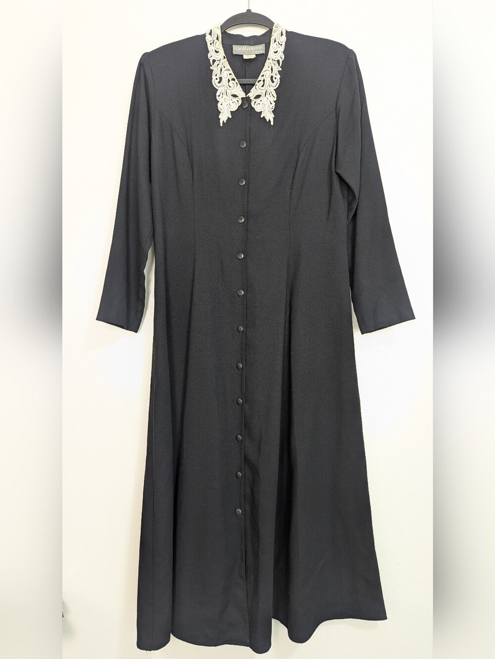 Vintage Carol Anderson Size 10 Black Button-Down Lace Collar‎ Midi Dress